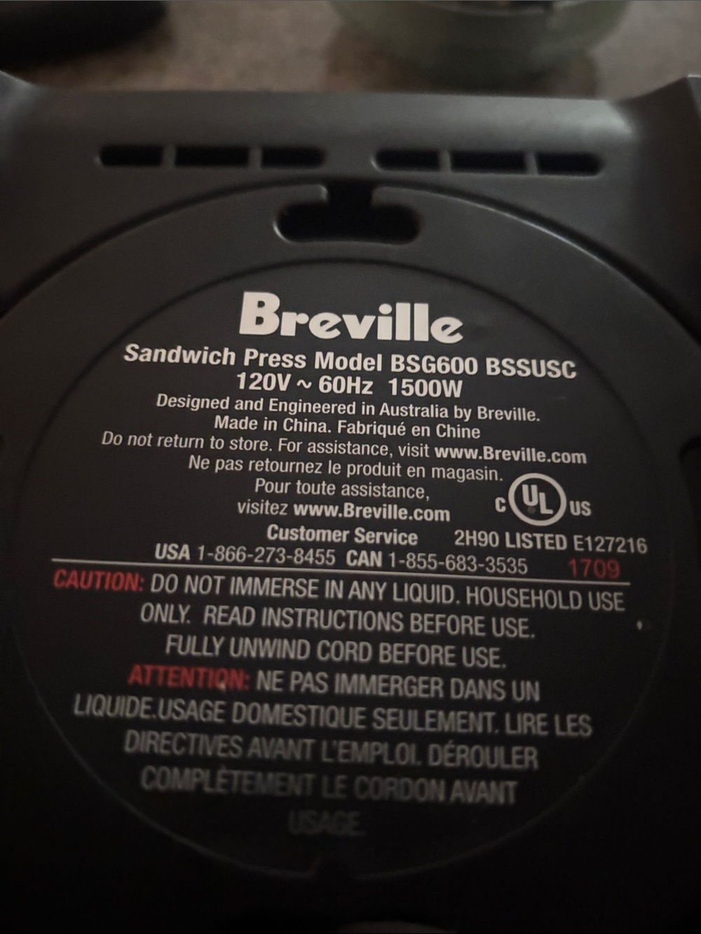 Breville Black Sandwich Press Top Label